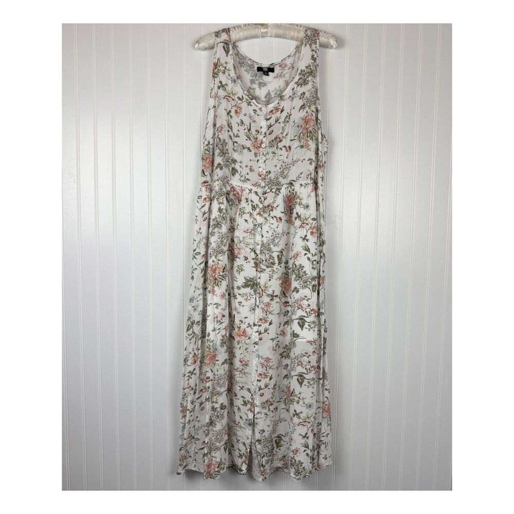 Frye Maxi Tank Dress Button XL White Pink Floral CottageCore Prairie Garden Boho
